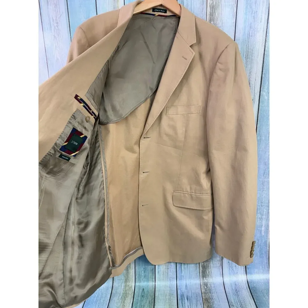 J Crew Tan Blazer Size 44L Italian Fabric Cotton 3 Button Summer Sports Coat